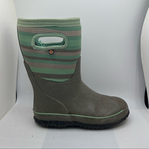 Bogs Sz 3 Snow Rain Boots Classic Stripe Gray Green Girl Youth. - Picture 1 of 11